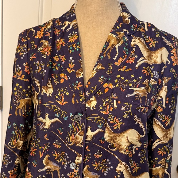 COLLECTION DRAKE’S FOR J. CREW PAJAMA TOP MIDNIGHT UNICORN BLUE CREAM SILK Sz 6 - Picture 2 of 12